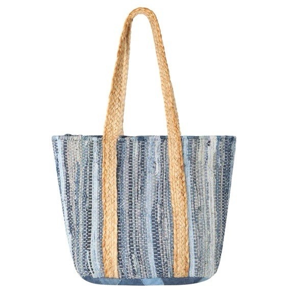 Mud Pie Straw Beach Shoulder Bag Boho Woven India Jute Raffia Blue Metallic